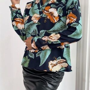 SHEIN Navy Floral Button-Front Blouse with Orange & Green Print